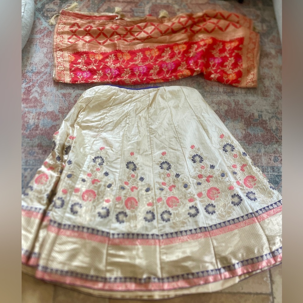 Blue and Red Women’s Lehenga Set with Gold Motifs
